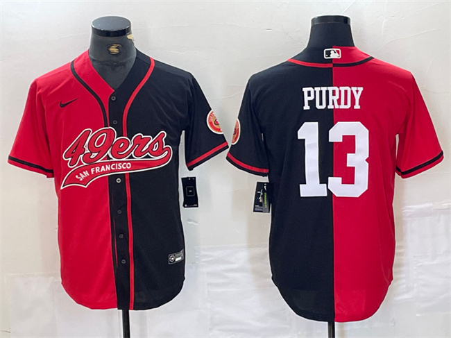 Men's San Francisco 49ers #13 Brock Purdy Red/Black Split With Patch Cool Base Stitched Baseball Jersey Men's San Francisco 49ers #13 Brock Purdy Red/Black Split With Patch Cool Base Stitched Baseball Jersey